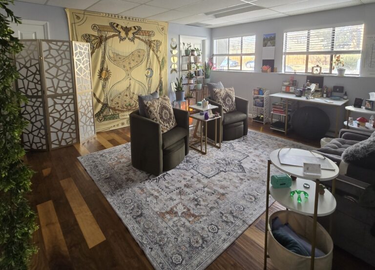 Bright therapy office with plants and calming decor